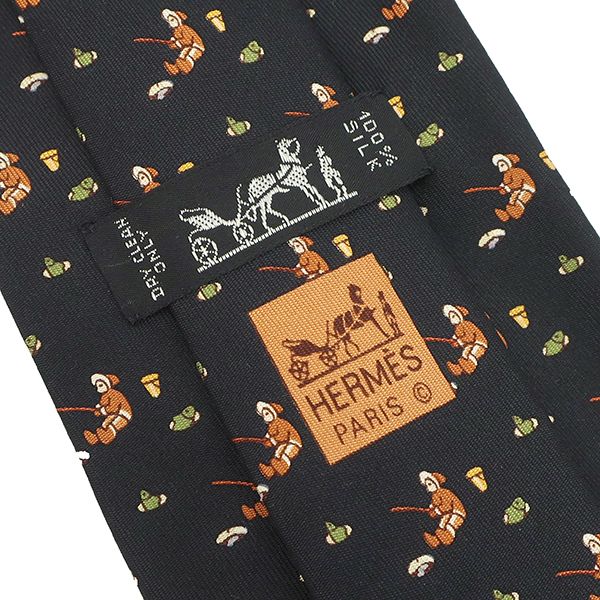Hermes Necktie Fishing Pattern 9cm (3.54in) Silk Black and Multicolor Black