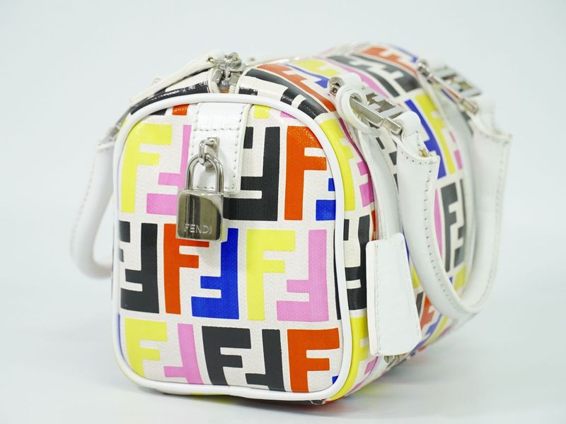 Authentic Fendi Zucca Mini Boston Bag Handbag PVC White Multicolor 8bl071 Zucca