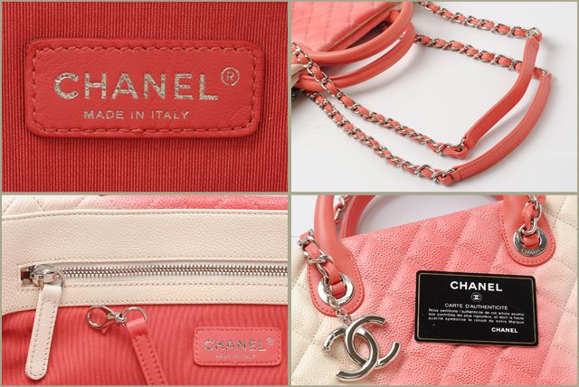Chanel Tote Shoulder Bag Coral Pink Ivory Caviar Skin 2-way