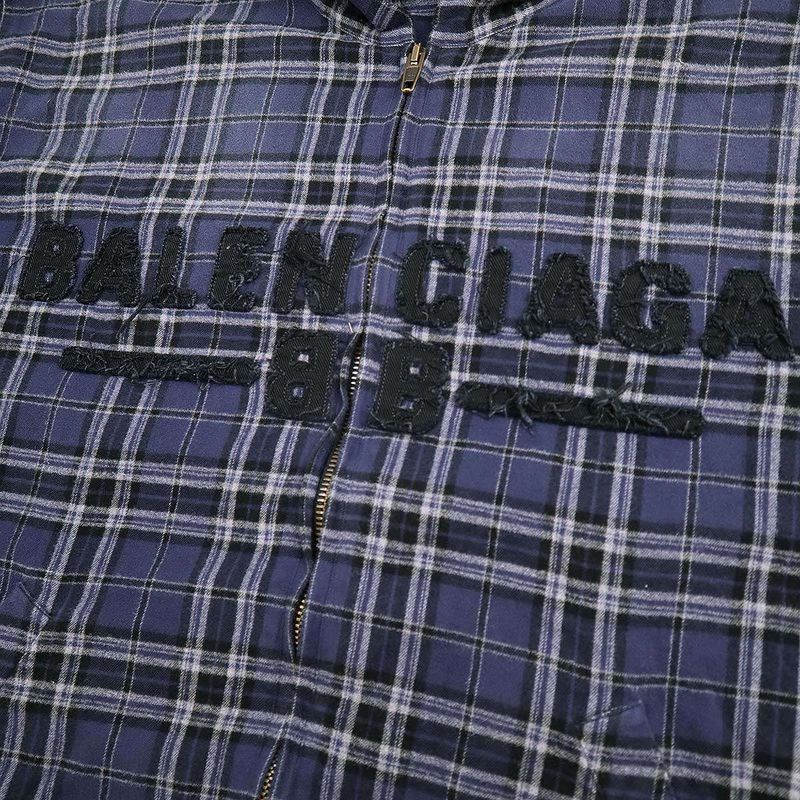 Balenciaga 24aw Front Logo Flannel Check Zip Up Hoodie 824581 Trm21 Navy 1