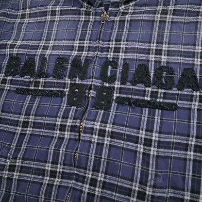 Balenciaga 24aw Front Logo Flannel Check Zip Up Hoodie 824581 Trm21 Navy 1