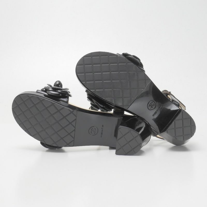 Chanel Sandals Size 35 Camellia CC Logo Coco Mark Patent Enamel Leather Ankle