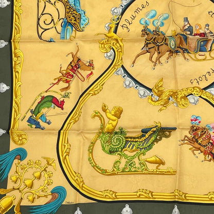 Hermes Carre 90 Plumes Et Grelots Scarf With Feathers And Bells Silk Yellow X