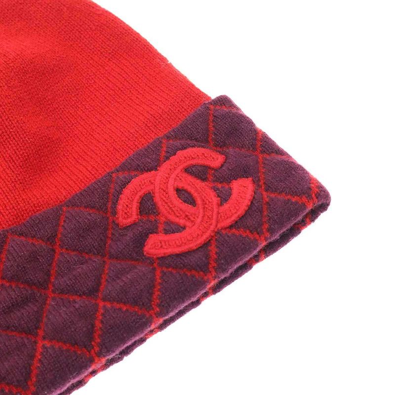 Chanel Coco Mark Bicolor Cashmere Beanie Knit Cap Red Purple