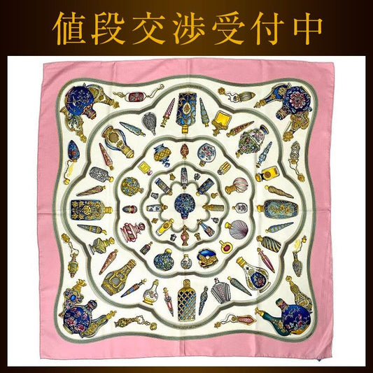 Hermes Scarf Carr 90 Pink White Perfume Bottle Cleaned