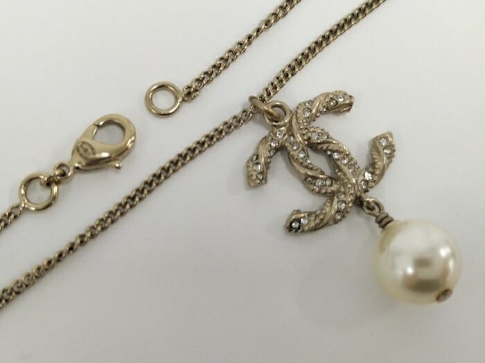 Chanel Necklace Accessories Coco Mark Faux Pearl Plated Silver B14V