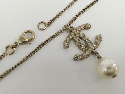 Chanel Necklace Accessories Coco Mark Faux Pearl Plated Silver B14V