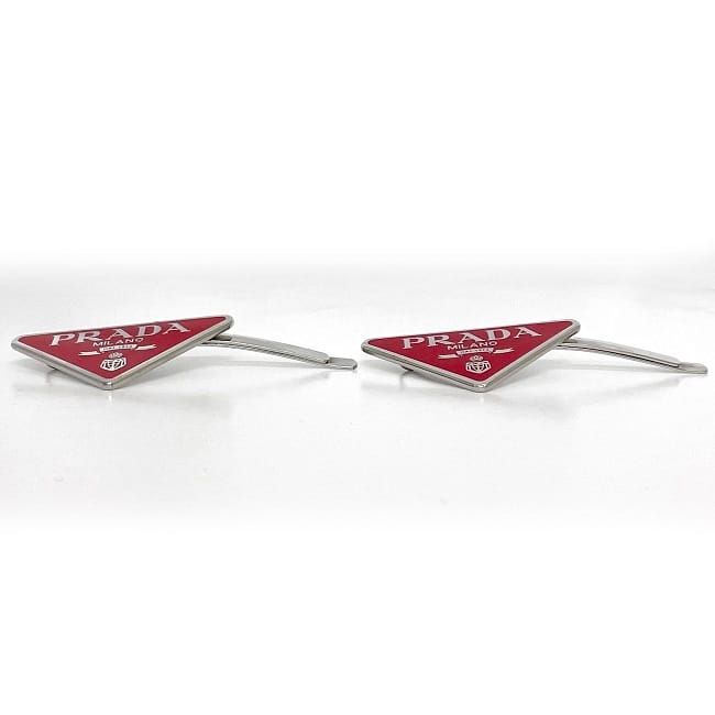 Prada Hairpin Red Silver 1if051 Unused Metal