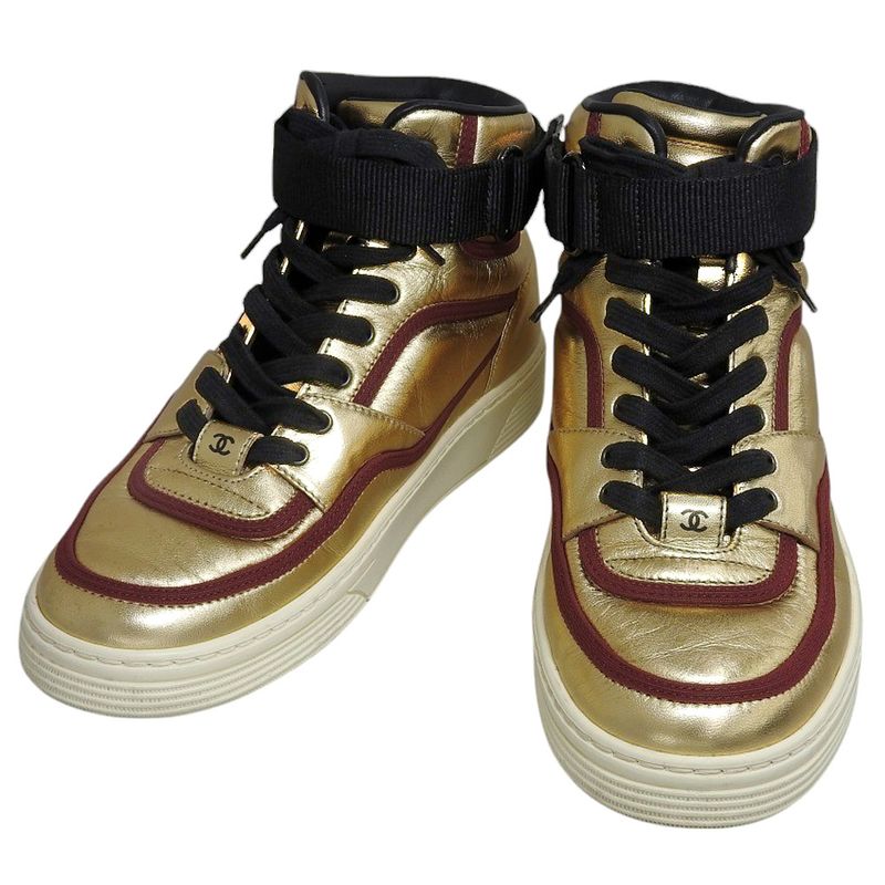 Boxed Ultra Chanel 2020 G35062 Coco Mark Gold Leather High Cut Sneakers Shoes