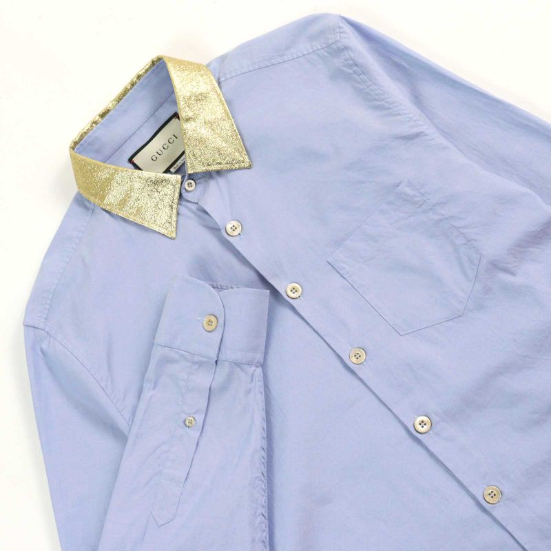 Gucci 521946 100% Cotton Logo Button Collar Silk Long Sleeves Blue Gold 41/16