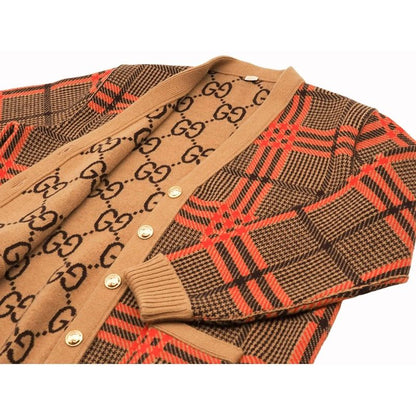 Gucci GG Wool Check Reversible Cardigan Glen Check Woven Long Sleeve Women's V