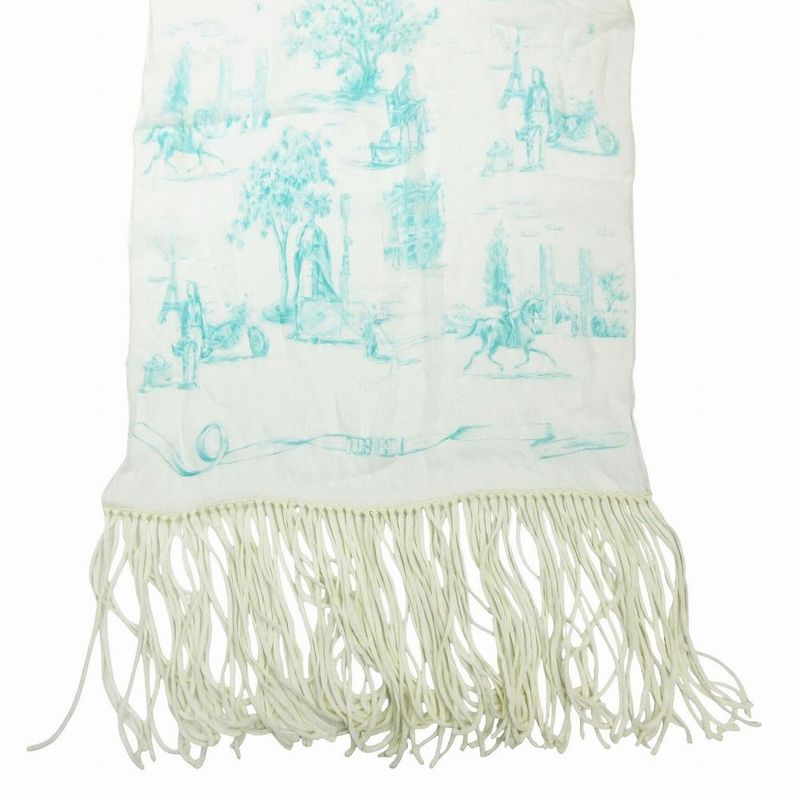 Hermes Shawl Scarf Shawl Silk Muslin Fringe Ivory Light Blue Light Blue Women