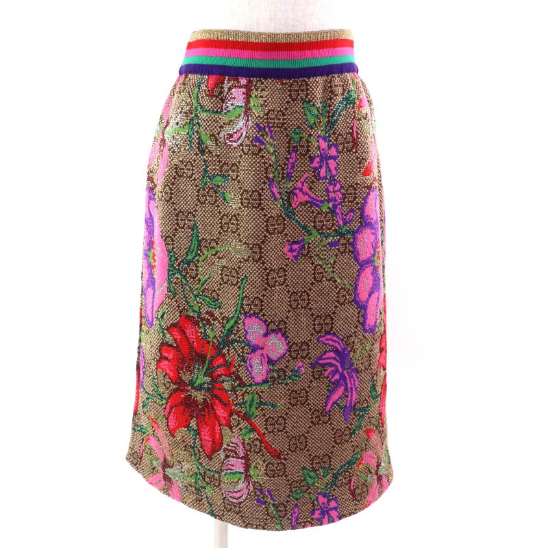 Gucci 606084 Wool Cotton GG Floral Design Lamé Yarn Knit Tight Skirt Multicolor