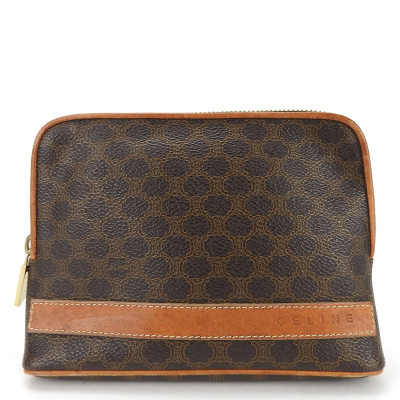 Celine Pouch Macadam PVC Leather Brown Gold Hardware Makeup Pouch Small