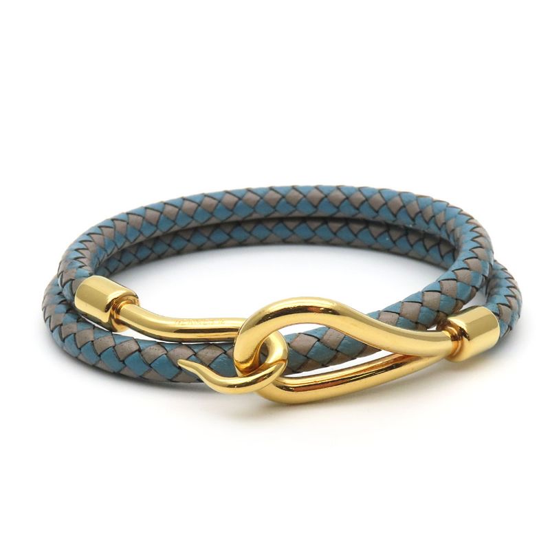 Hermes Bracelet Jumbo Breath Metal Leather Blue Gray Gold Hardware 2 Strands