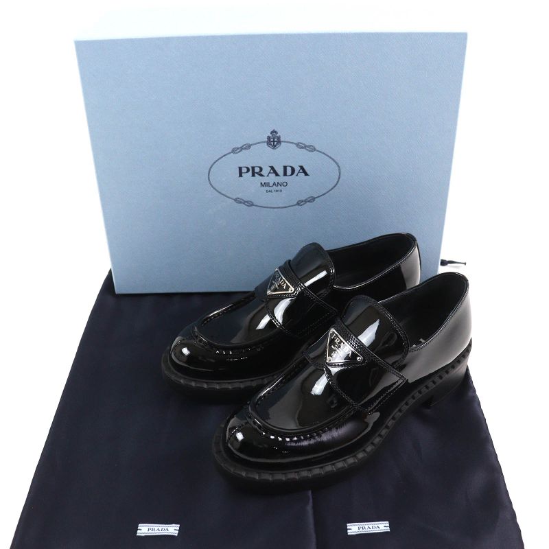 Prada 1d246m Chocolate Triangle Logo Patent Leather Loafers Black 34.5 W/box/sto