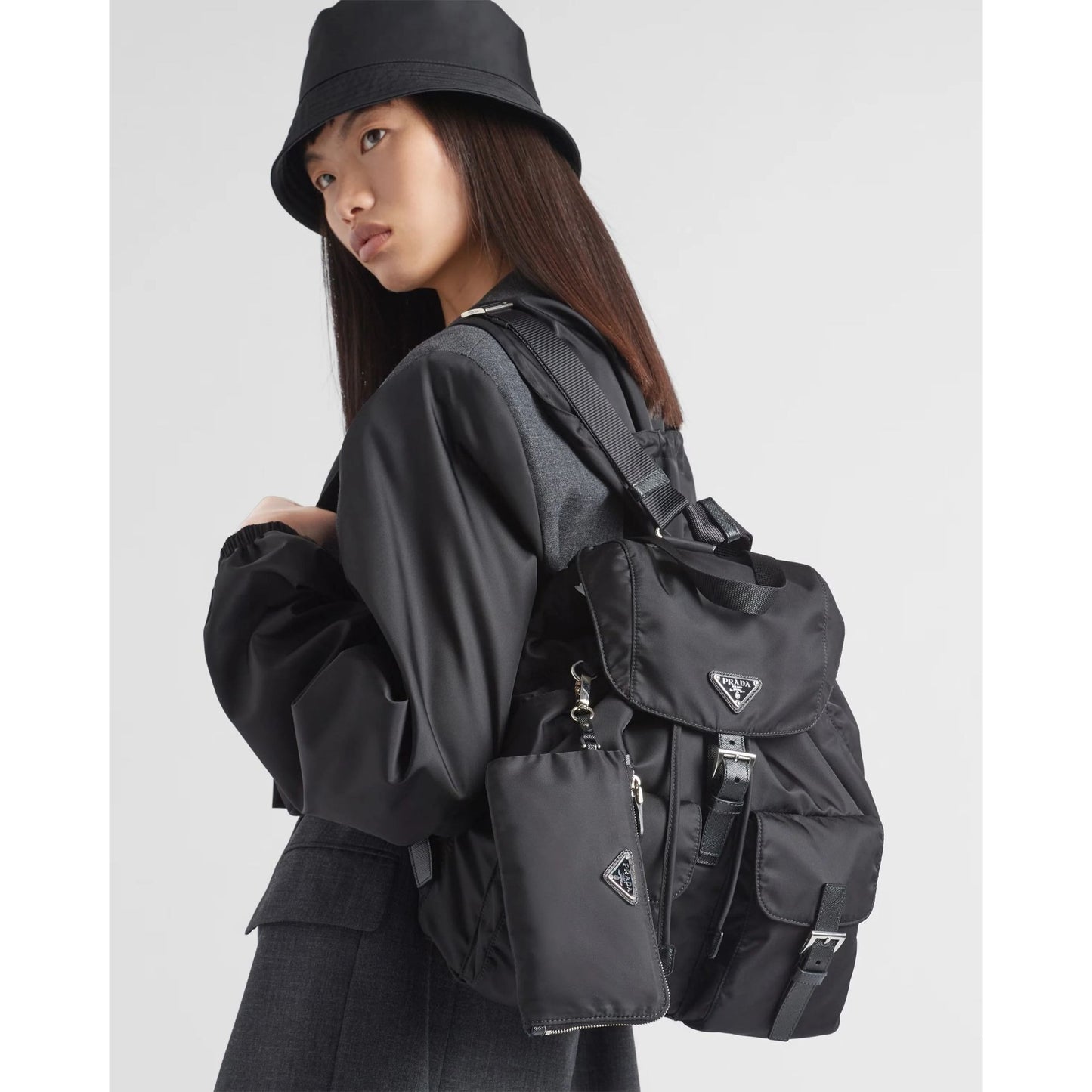 Prada Nylon Tessuto Backpack Saffiano Leather Shoulder Bag Purse Tote