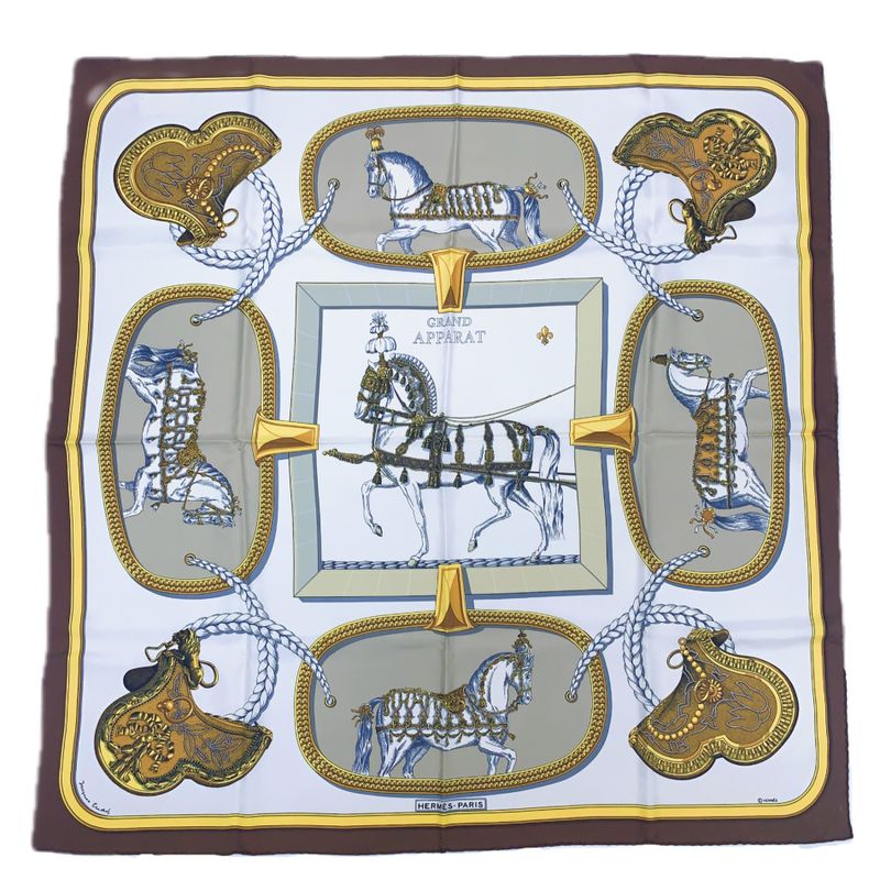 Hermes Carre 90 Grand Apparat Horse In Full Dress Brown X Gold X White Scarf