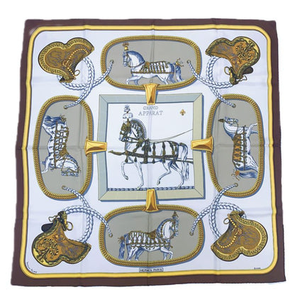 Hermes Carre 90 Grand Apparat Horse In Full Dress Brown X Gold X White Scarf
