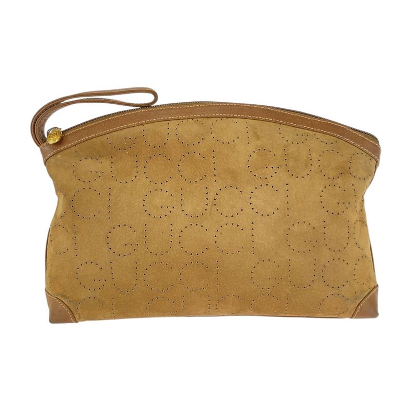 Gucci Vintage Brown Beige Gold Hardware Suede 004 113 0367 Clutch Bag Second