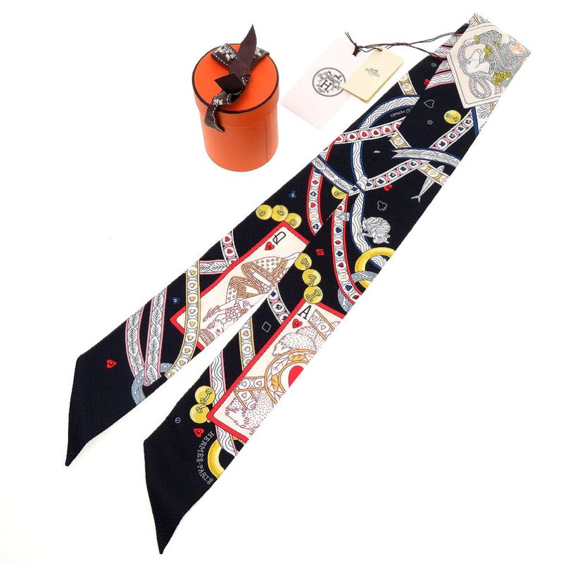 Hermes Twilly Bijoux Pique Queen Of Hearts DAME DE Coeur Silk Black Red Black