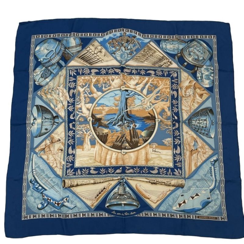 Hermes Scarf Carre 90 Au Son Du Tam To The Sound Of Tam Silk Navy