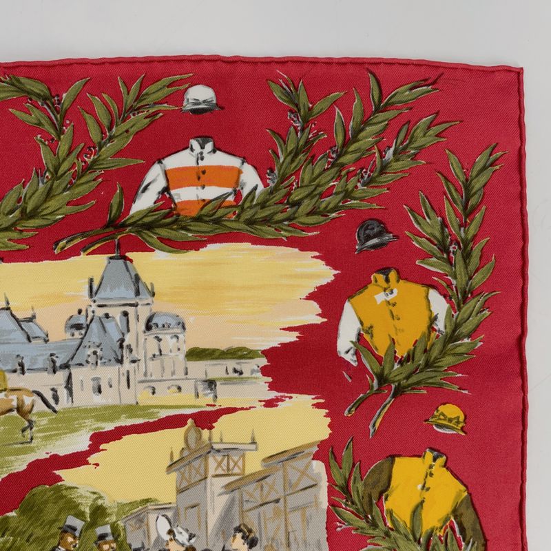 Hermes Carre 45 Chantilly Chien Ti Racecourse Red And Multicolor 100% Silk Scarf