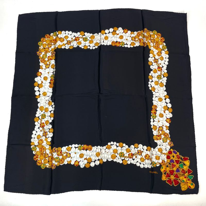 Chanel Accessory-patterned Scarf Silk Black With Box