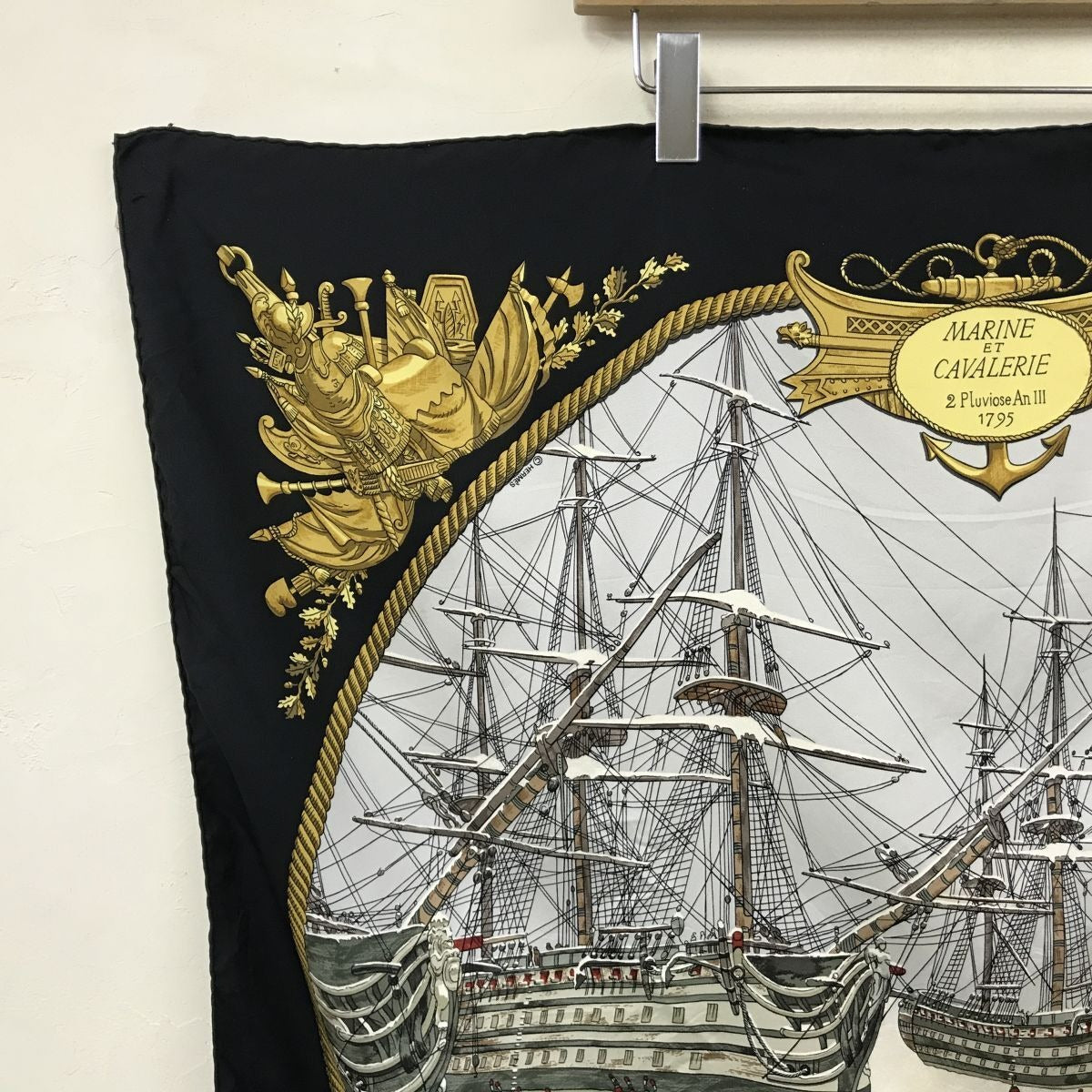 Hermes Carre 90 Marine Et Cavalerie Sea and Cavalry Large Scarf Black Multi All-over Print Silk