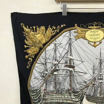 Hermes Carre 90 Marine Et Cavalerie Sea and Cavalry Large Scarf Black Multi All-over Print Silk