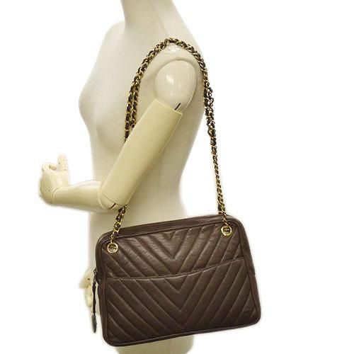 Chanel Double Chain V-stitch Lambskin Brown Shoulder Bag Gold