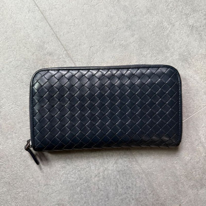 Bottega Veneta Round Zipper Long Wallet Intrecciato Calf Leather Navy Long