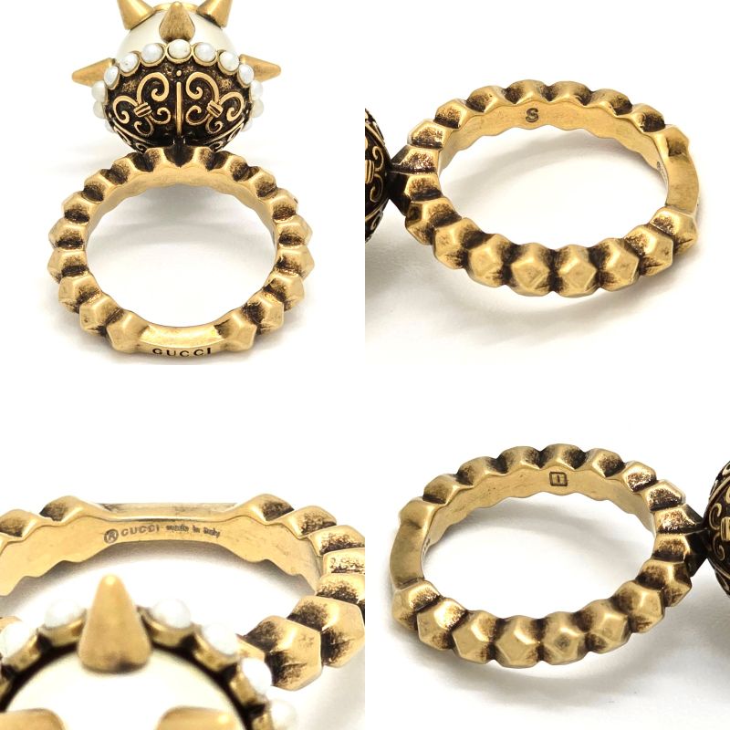 Gucci 582608 Double G Glass Pearl Studded Ring S Approx 13 Gold-tone Metal Aged