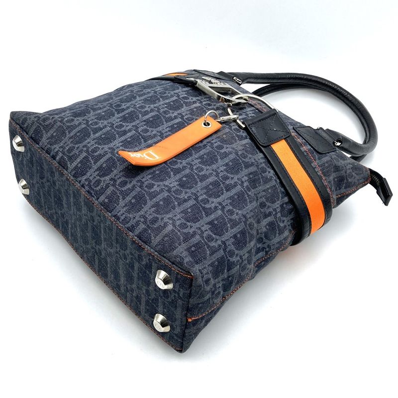 DIOR Tote Bag Trotter Flight Line Navy/orange Canvas Leather Women's