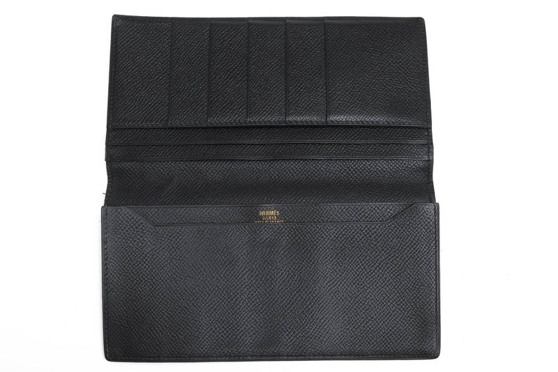 Hermes Long Wallet Men Leather Genuine Leather Black Mc2 Fleming No Change