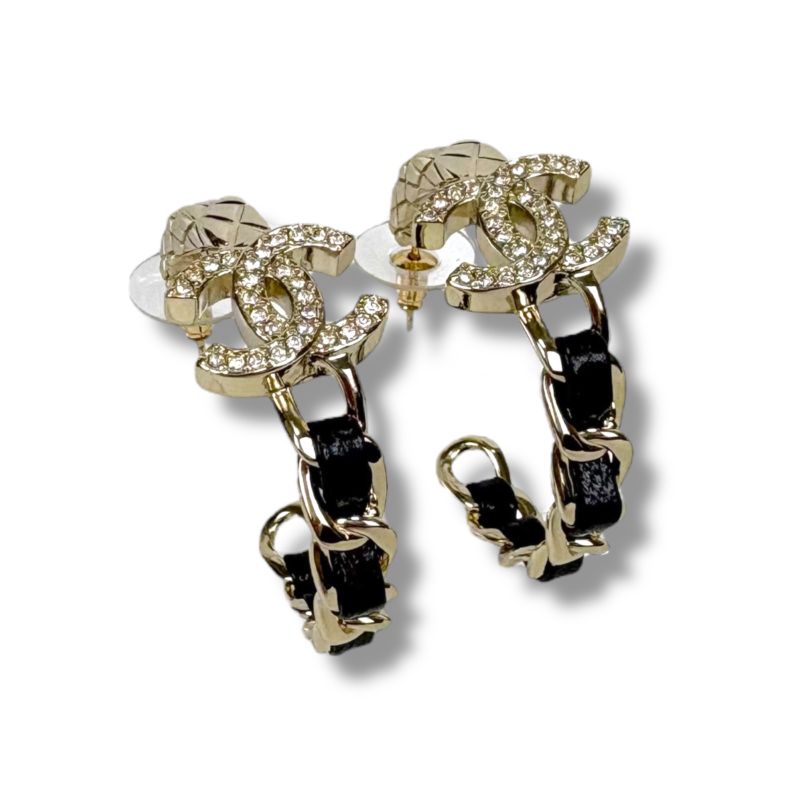 Chanel Hoop Earrings Rhinestone Materasse Coco Chain Leather Lambskin Black
