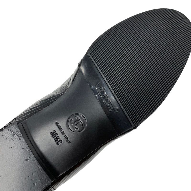 Chanel Boots Short Boots Shoes Patent Black Here Mark Wrinkled Side Gore Ribbon