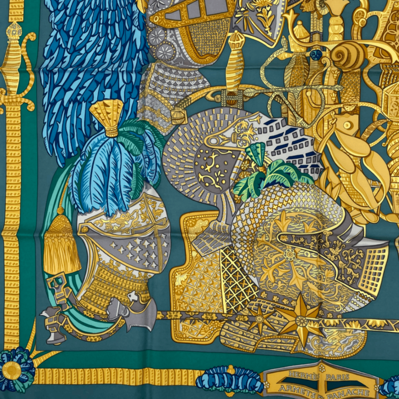 Hermes Scarf Carre 90 Armets Et Panache Cavalry Helmet With Feather Decoration