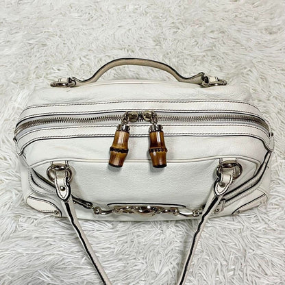 Gucci GG Horsebit Bamboo Leather Shoulder Bag White Ivory Purse Tote - The Reluxe