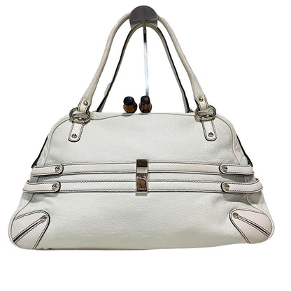 Gucci GG Horsebit Bamboo Leather Shoulder Bag White Ivory Purse Tote - The Reluxe