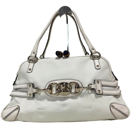 Gucci GG Horsebit Bamboo Leather Shoulder Bag White Ivory Purse Tote - The Reluxe