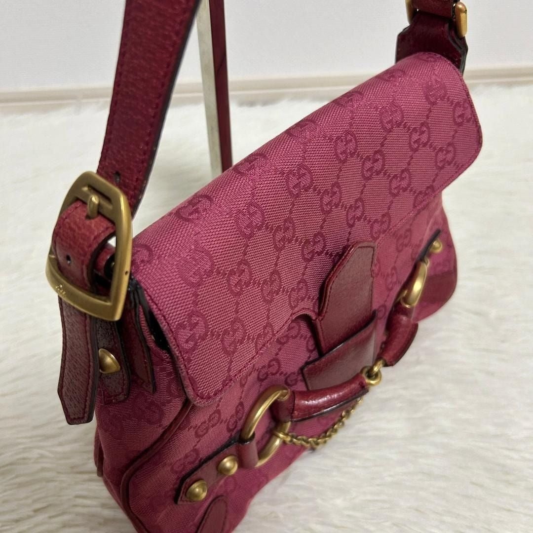 Gucci GG Horsebit Chain Shoulder Bag Canvas Pink Leather - The Reluxe