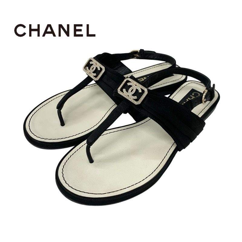Chanel Sandals Shoes Satin Black Gold Here Mark Rhinestone Thong Flat
