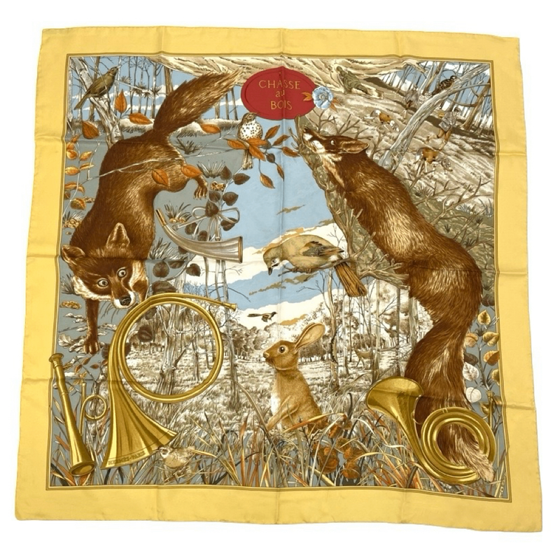 Hermes Carre 90 Chasse Au BOIS Hunting In The Woods Yellow Scarf 100% Silk