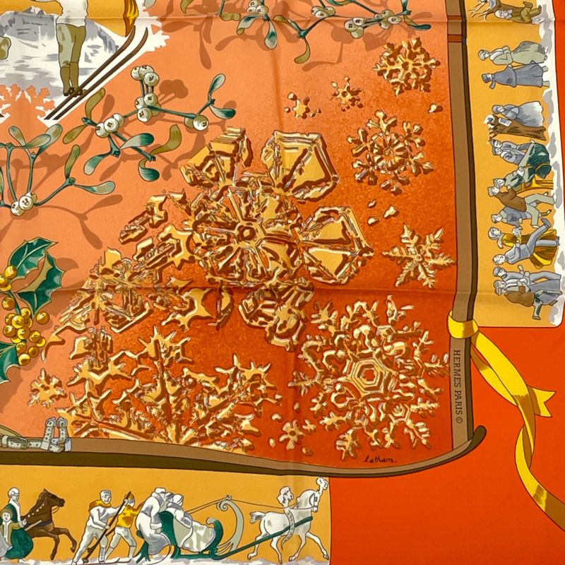 Hermes Carre 90 Neige D'antan Last Year's Snow 100% Silk Scarf Orange