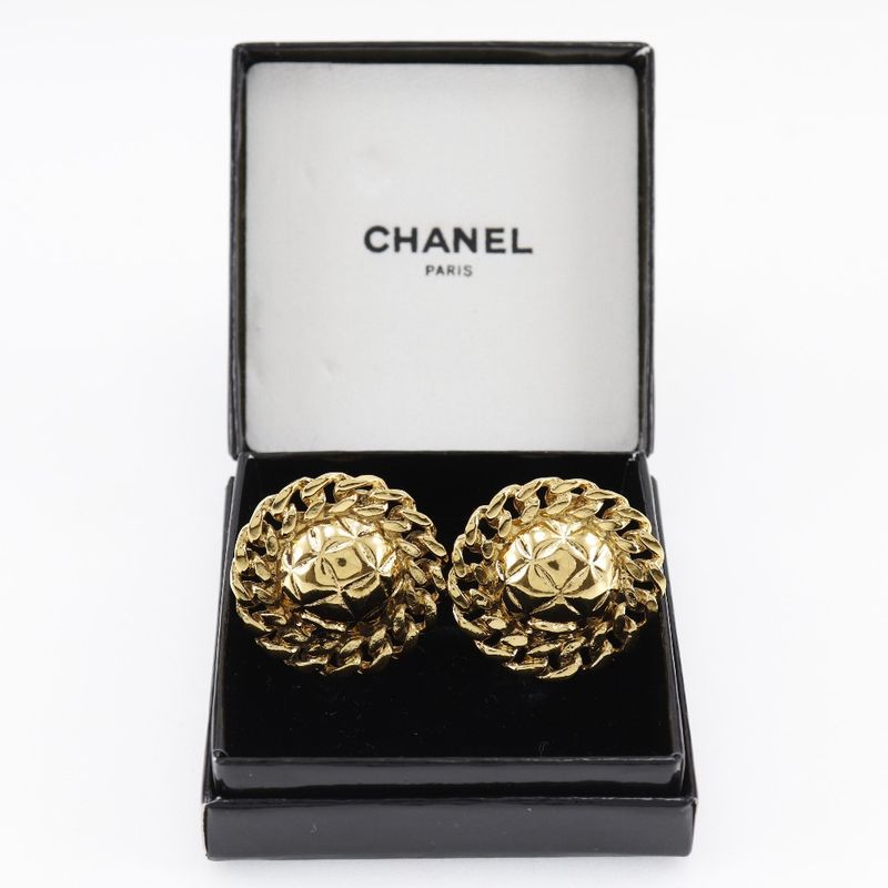 Chanel Coco Mark Matelasse Chain Vintage Gold Plated Ladies 19.1g Earring