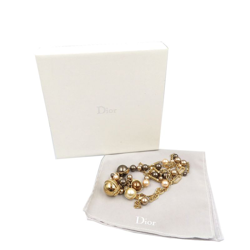 Christian Dior Pearl Chain Metal Faux Pearl Gold White Brown Necklace 0088