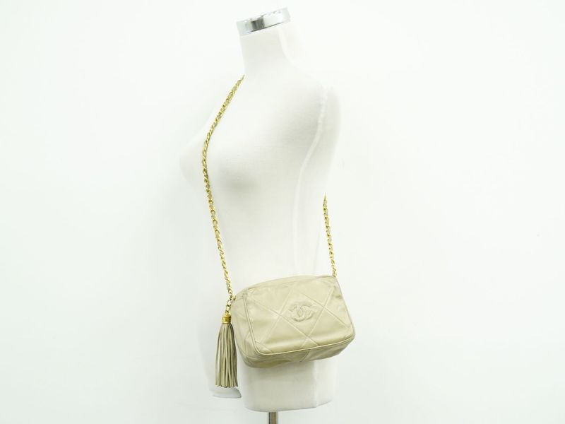 Authentic Chanel Coco Mark Matelasse Tassel Chain Shoulder Bag Lambskin Leather