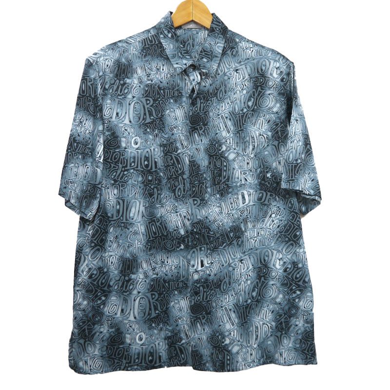 Dior X Stussy Logo All Over Short Sleeve Shirt Size 38 Navy