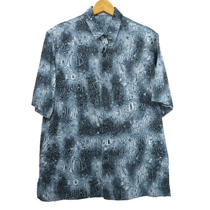 Dior X Stussy Logo All Over Short Sleeve Shirt Size 38 Navy